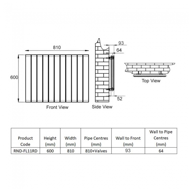 Reina Flat Double Designer Horizontal Radiator 600mm H x 810mm W RAL