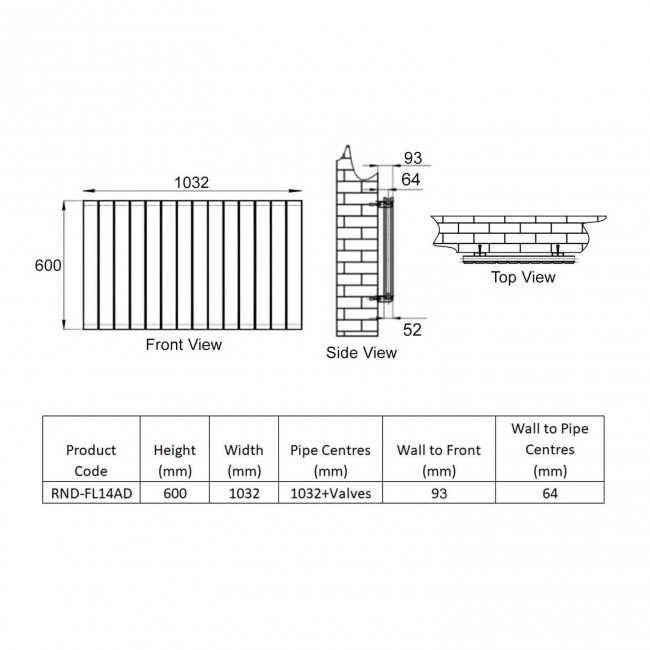 Reina Flat Double Designer Horizontal Radiator 600mm H x 1032mm W Anthracite