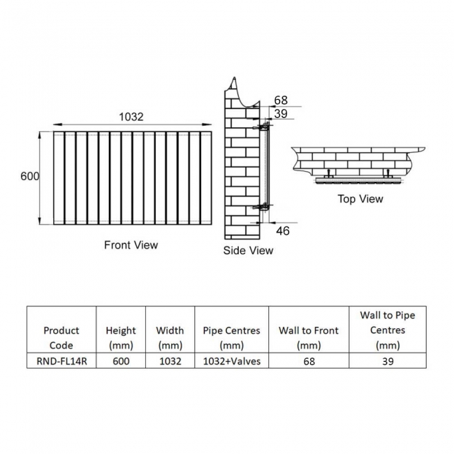 Reina Flat Single Designer Horizontal Radiator 600mm H x 1032mm W RAL