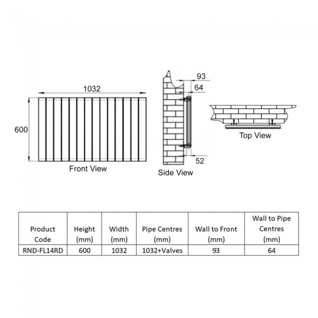 Reina Flat Double Designer Horizontal Radiator 600mm H x 1032mm W RAL