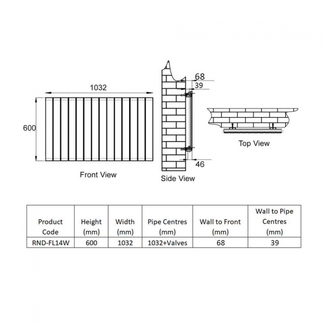 Reina Flat Single Designer Horizontal Radiator 600mm H x 1032mm W White  | Dimension Image