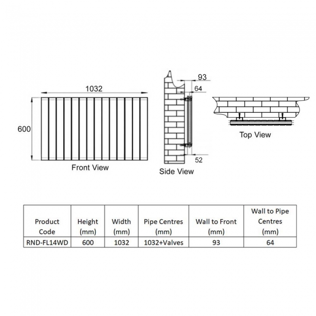 Reina Flat Double Designer Horizontal Radiator 600mm H x 1032mm W White