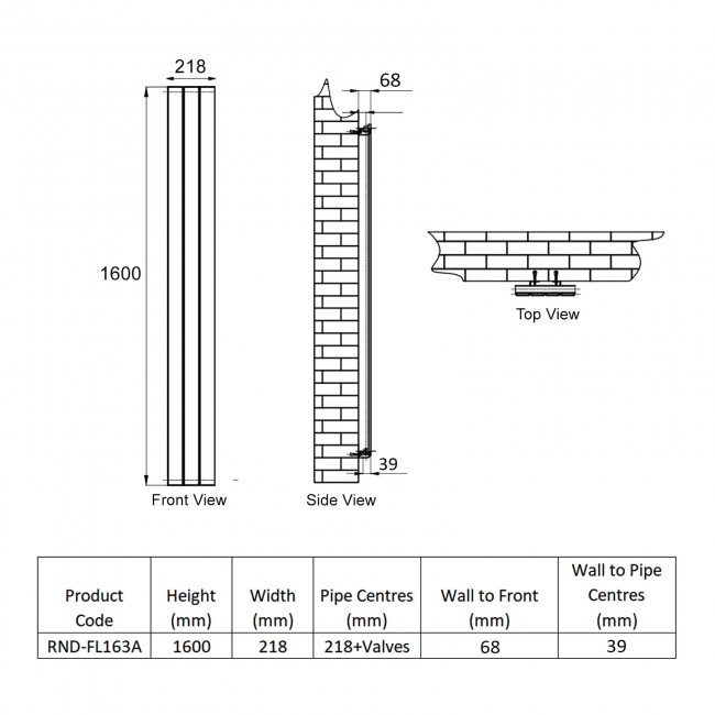 Reina Flat Single Designer Vertical Radiator 1600mm H x 218mm W - Anthracite
