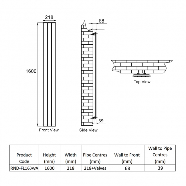 Reina Flat Single Designer Vertical Radiator 1600mm H x 218mm W - White