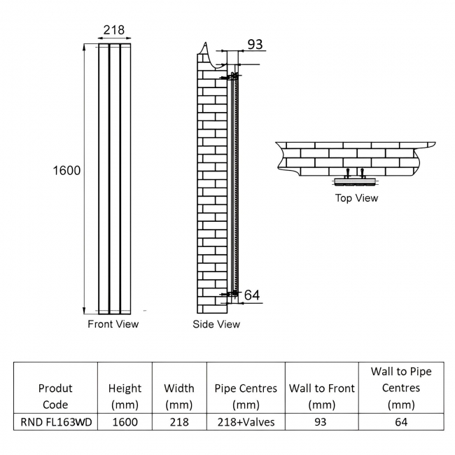 Reina Flat Double Designer Vertical Radiator 1600mm H x 218mm W - White