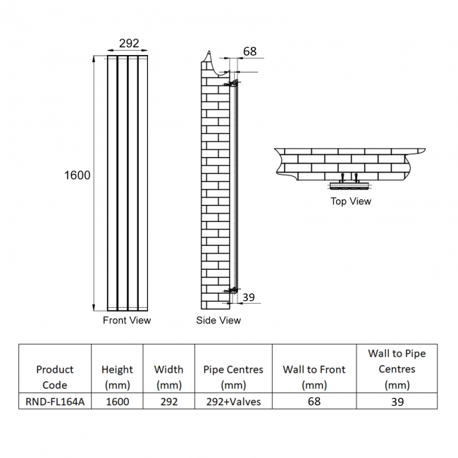 Reina Flat Single Designer Vertical Radiator 1600mm H x 292mm W - Anthracite