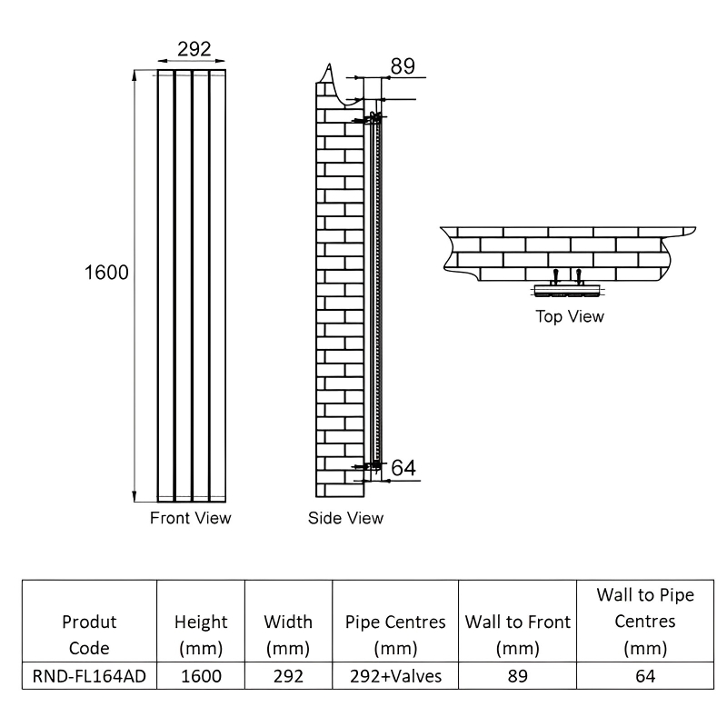 Reina Flat Double Designer Vertical Radiator 1600mm H x 292mm W - Anthracite