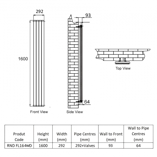Reina Flat Double Designer Vertical Radiator 1600mm H x 292mm W - White