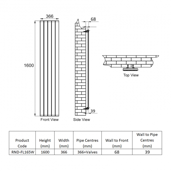 Reina Flat Single Designer Vertical Radiator 1600mm H x 366mm W - White
