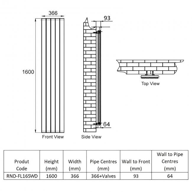 Reina Flat Double Designer Vertical Radiator 1600mm H x 366mm W - White