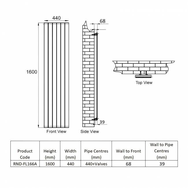 Reina Flat Single Designer Vertical Radiator 1600mm H x 440mm W - Anthracite