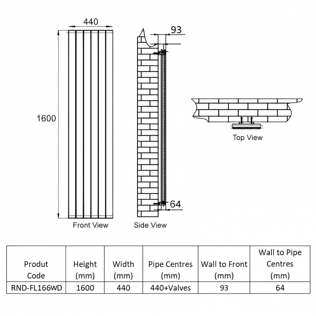 Reina Flat Double Designer Vertical Radiator 1600mm H x 440mm W - White