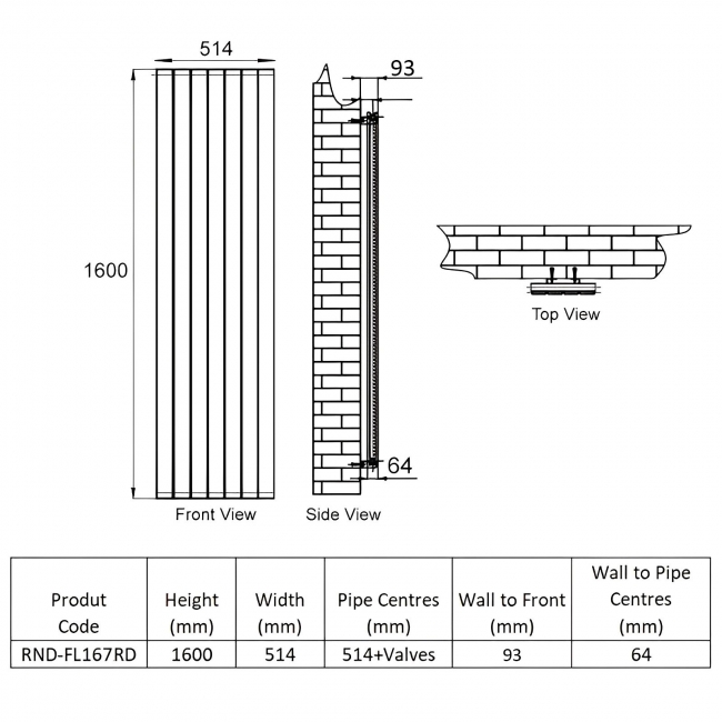 Reina Flat Double Designer Vertical Radiator 1600mm H x 514mm W - RAL  | Dimension Image