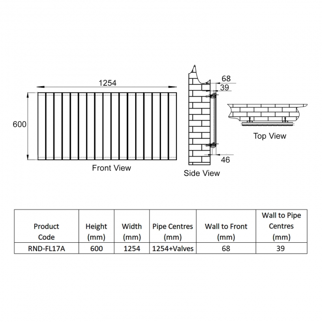 Reina Flat Single Designer Horizontal Radiator 600mm H x 1254mm W Anthracite
