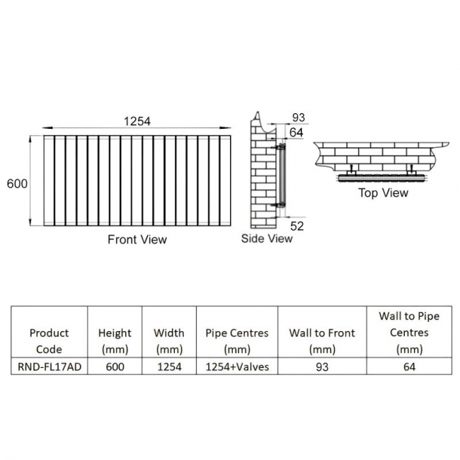 Reina Flat Double Designer Horizontal Radiator 600mm H x 1254mm W Anthracite