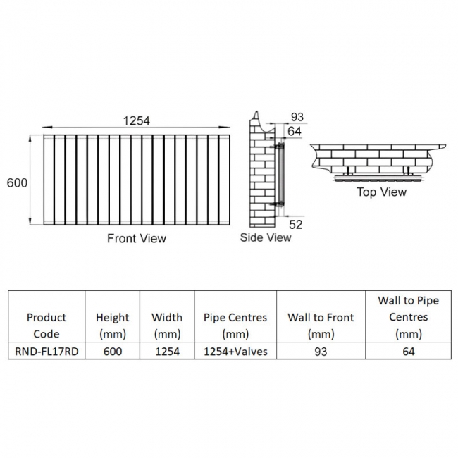 Reina Flat Double Designer Horizontal Radiator 600mm H x 1254mm W RAL