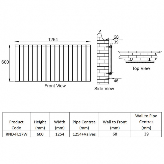 Reina Flat Single Designer Horizontal Radiator 600mm H x 1254mm W White
