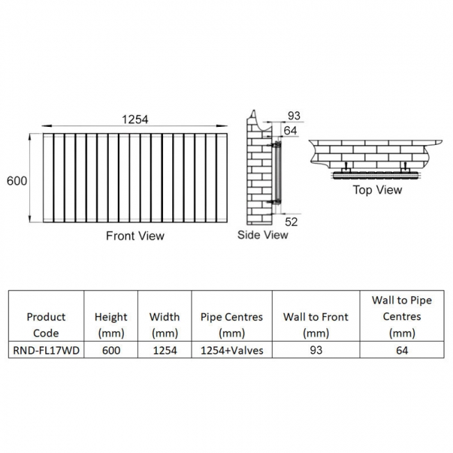 Reina Flat Double Designer Horizontal Radiator 600mm H x 1254mm W White