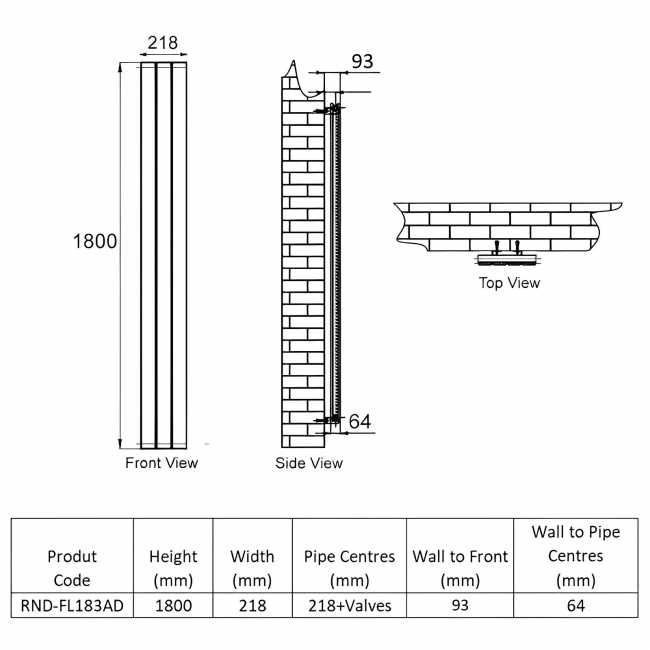 Reina Flat Double Designer Vertical Radiator 1800mm H x 218mm W - Anthracite