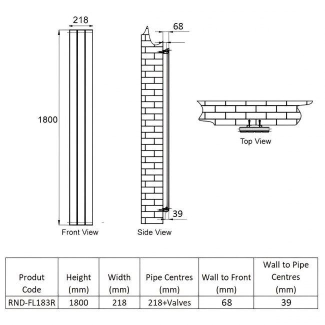 Reina Flat Single Designer Vertical Radiator 1800mm H x 218mm W - RAL