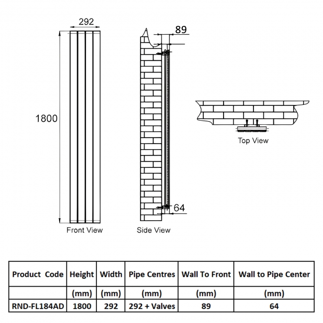Reina Flat Double Designer Vertical Radiator 1800mm H x 292mm W RAL