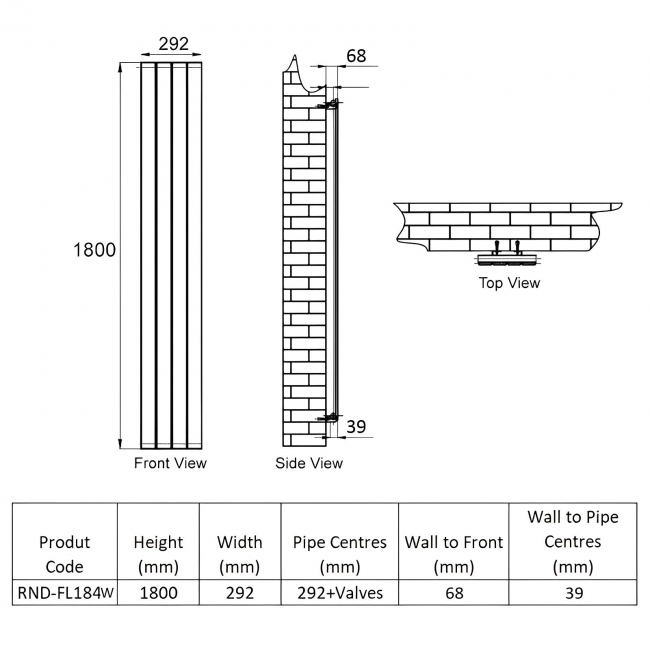 Reina Flat Single Designer Vertical Radiator 1800mm H x 292mm W White