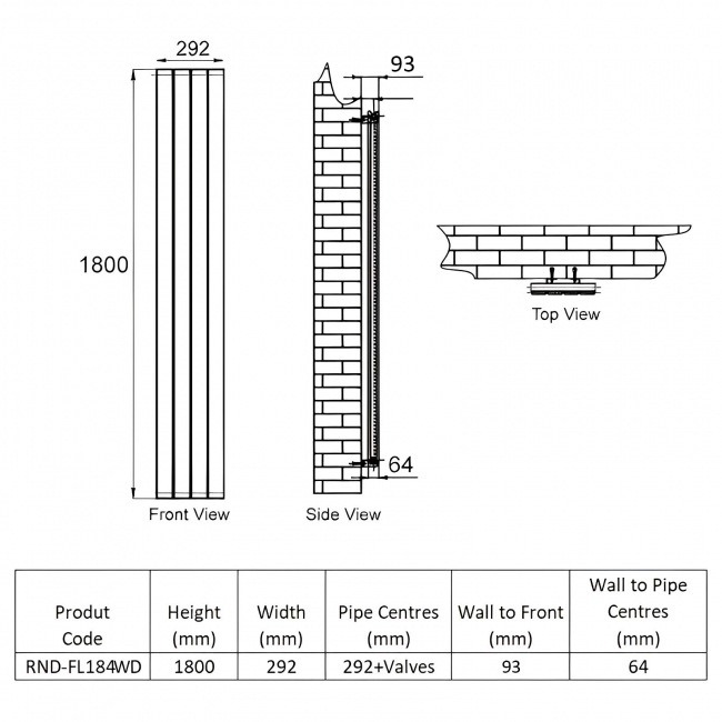 Reina Flat Double Designer Vertical Radiator 1800mm H x 292mm W White