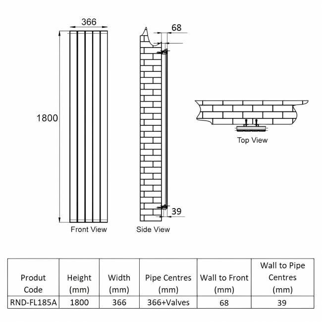 Reina Flat Single Designer Vertical Radiator 1800mm H x 366mm W - Anthracite