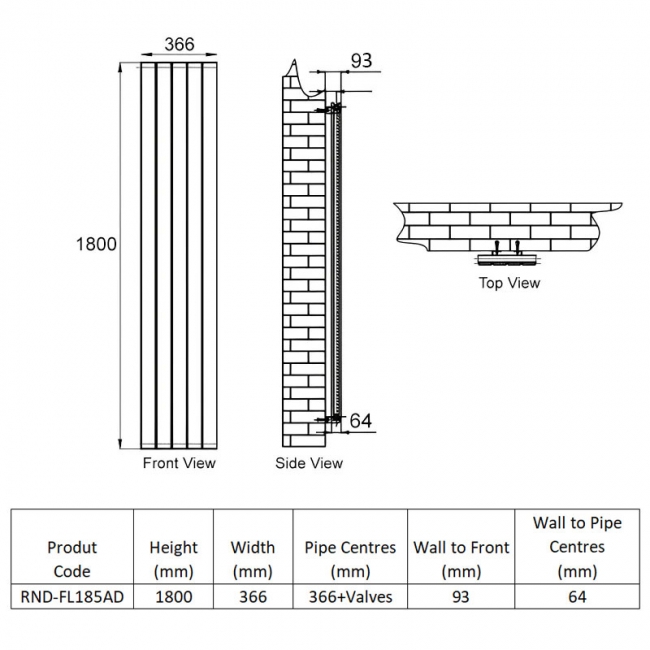 Reina Flat Double Designer Vertical Radiator 1800mm H x 366mm W - Anthracite