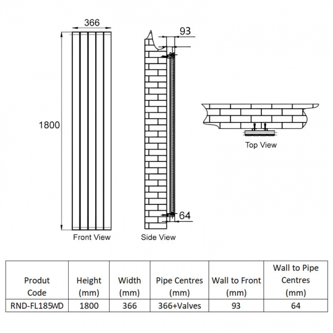 Reina Flat Double Designer Vertical Radiator 1800mm H x 366mm W - White