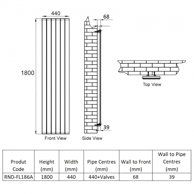 Reina Flat Single Designer Vertical Radiator 1800mm H x 440mm W Anthracite