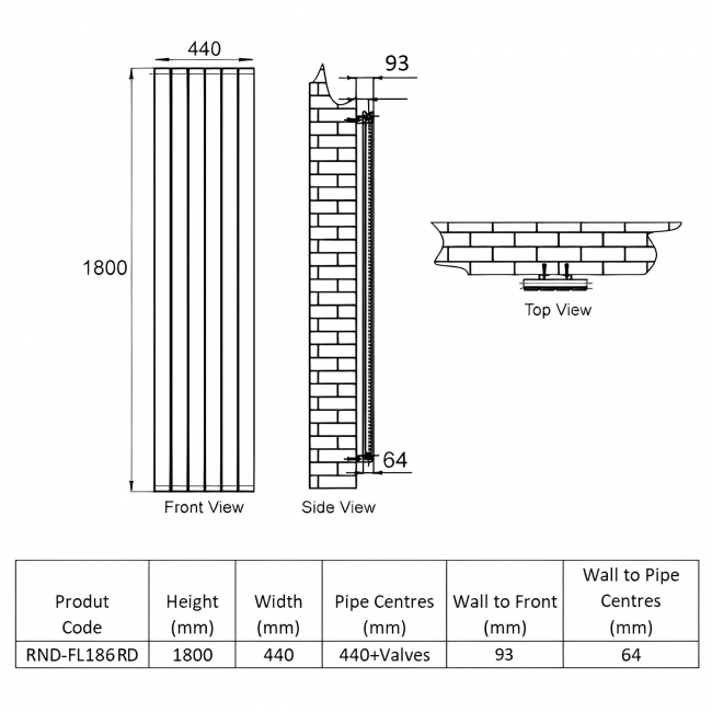 Reina Flat Double Designer Vertical Radiator 1800mm H x 440mm W RAL