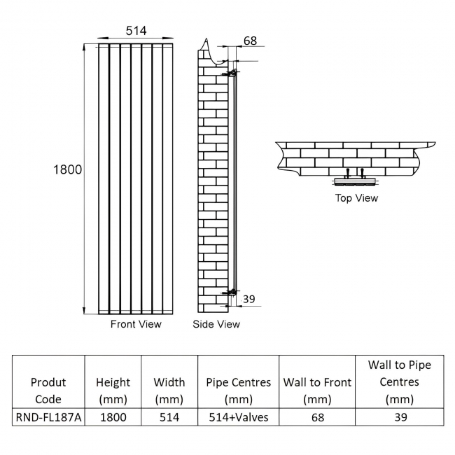 Reina Flat Single Designer Radiator 1800mm H x 514mm W - Anthracite