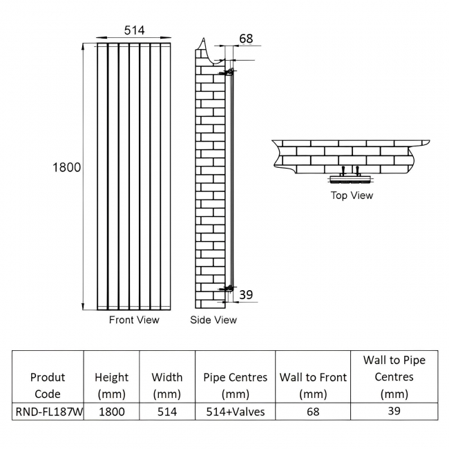 Reina Flat Single Designer Vertical Radiator 1800mm H x 514mm W - White