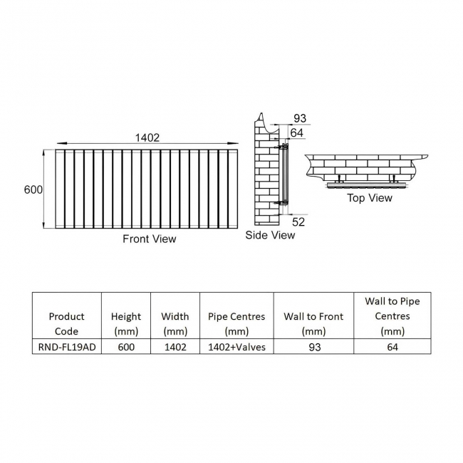 Reina Flat Double Designer Horizontal Radiator 600mm H x 1402mm Anthracite