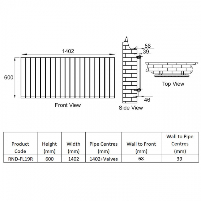 Reina Flat Single Designer Horizontal Radiator 600mm H x 1402mm W RAL