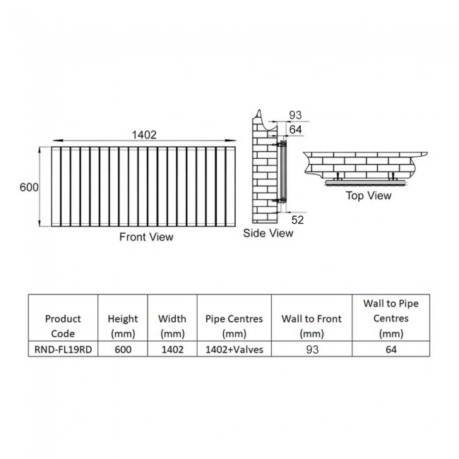 Reina Flat Double Designer Horizontal Radiator 600mm H x 1402mm RAL
