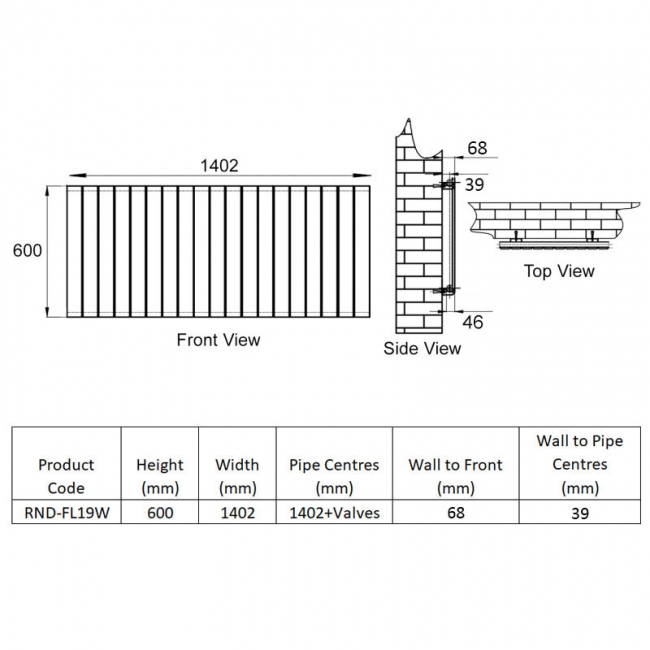 Reina Flat Single Designer Horizontal Radiator 600mm H x 1402mm W White