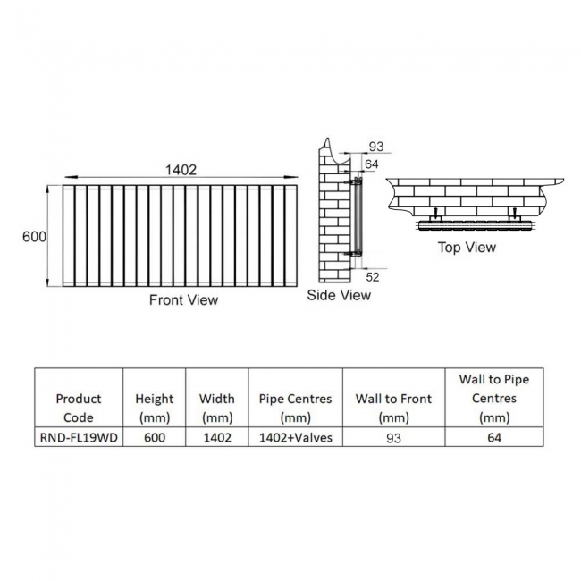 Reina Flat Double Designer Horizontal Radiator 600mm H x 1402mm White