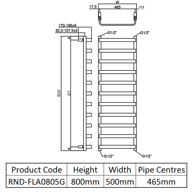 Reina Flora Designer Heated Towel Rail 800mm H x 500mm W Brushed Gun Metal  | Dimension Image