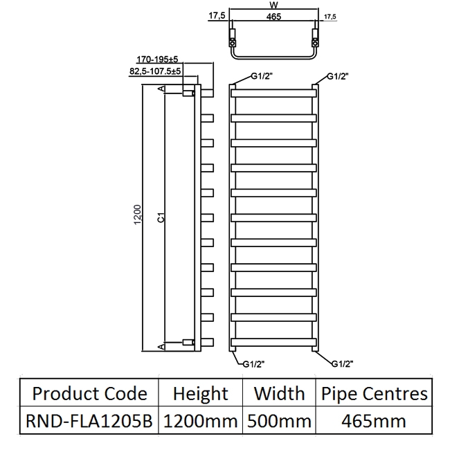 Reina Flora Designer Heated Towel Rail 1200mm H x 500mm W Brushed Brass