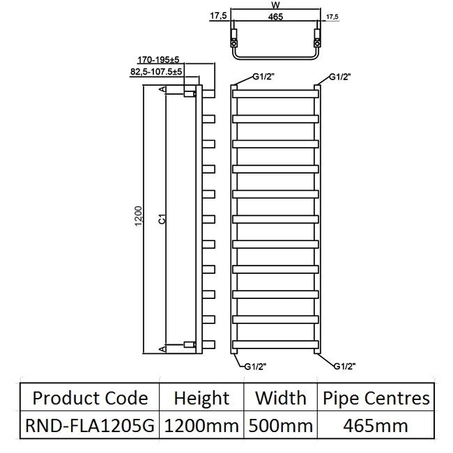 Reina Flora Designer Heated Towel Rail 1200mm H x 500mm W Brushed Gun Metal  | Dimension Image