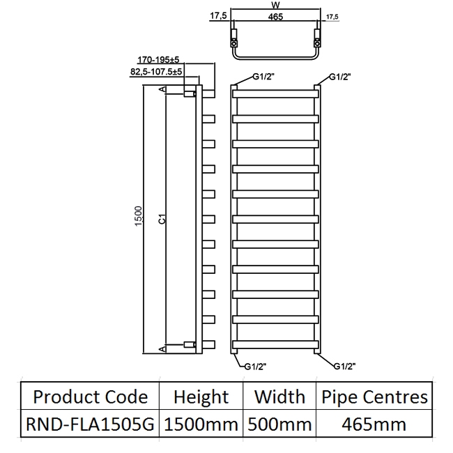 Reina Flora Designer Heated Towel Rail 1500mm H x 500mm W Brushed Gun Metal  | Dimension Image