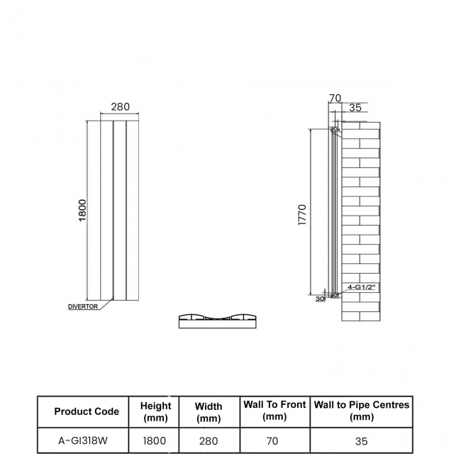 Reina Gio Single Vertical Aluminium Radiator 1800mm H x 280mm W - Anthracite  | Dimension Image