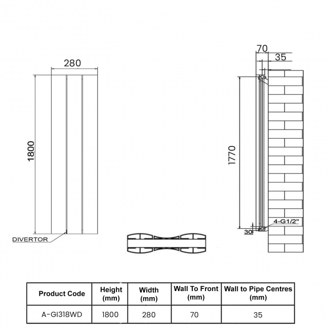 Reina Gio Double Vertical Aluminium Radiator 1800mm H x 280mm W - White  | Dimension Image