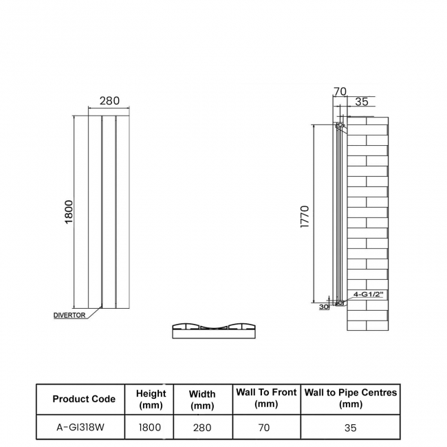 Reina Gio Single Vertical Aluminium Radiator 1800mm H x 470mm W - Anthracite  | Dimension Image