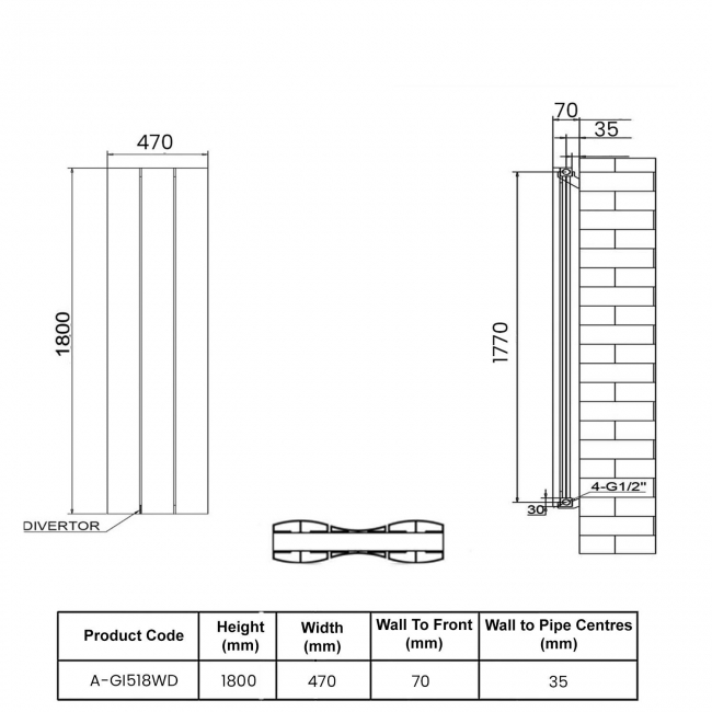 Reina Gio Double Vertical Aluminium Radiator 1800mm H x 470mm W - White  | Dimension Image