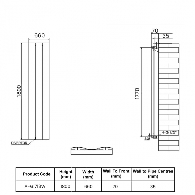 Reina Gio Single Vertical Aluminium Radiator 1800mm H x 660mm W - White  | Dimension Image