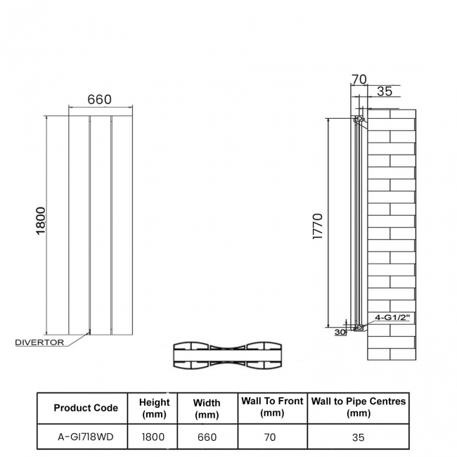 Reina Gio Double Vertical Aluminium Radiator 1800mm H x 660mm W - White  | Dimension Image