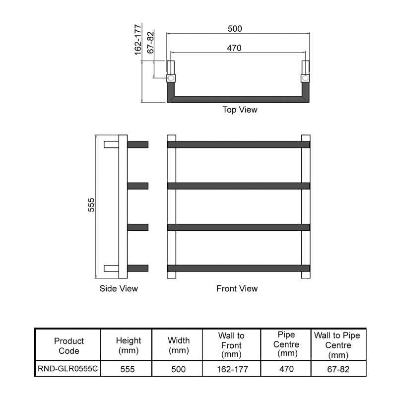 Reina Glora Designer Heated Towel Rail 555mm H x 500mm W - Chrome  | Dimension Image